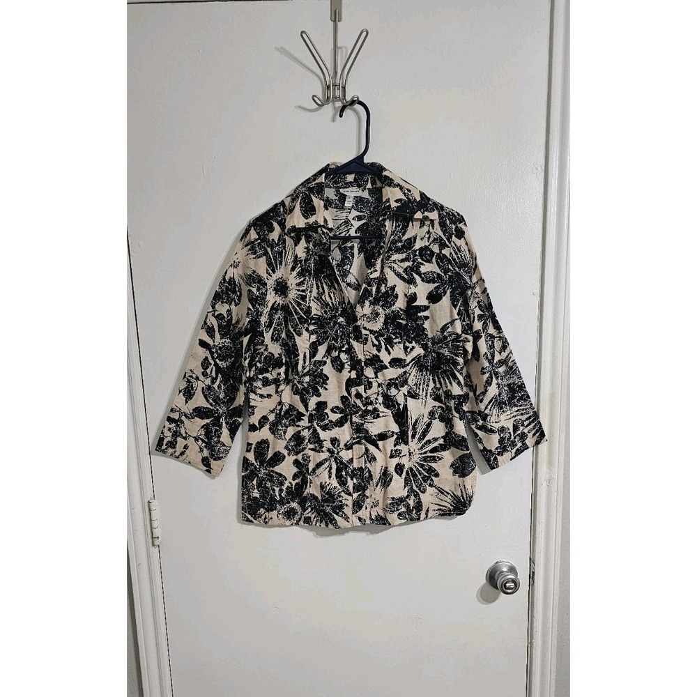 Harve Benard Button-Down Shirt Large‎ Black Beige Floral Linen Blend Preppy